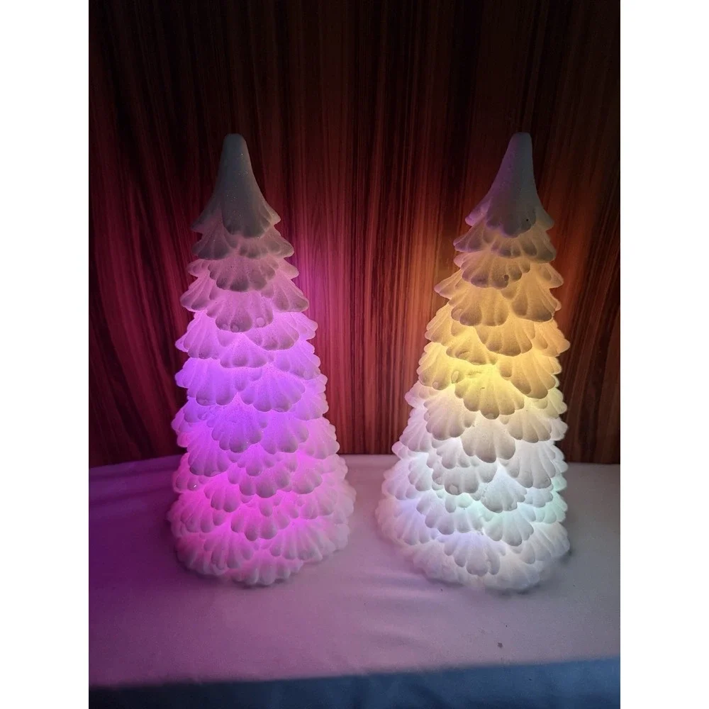 Set of 2 Lighted Color Changing LED Christmas Trees Glitter White Battery Operat
